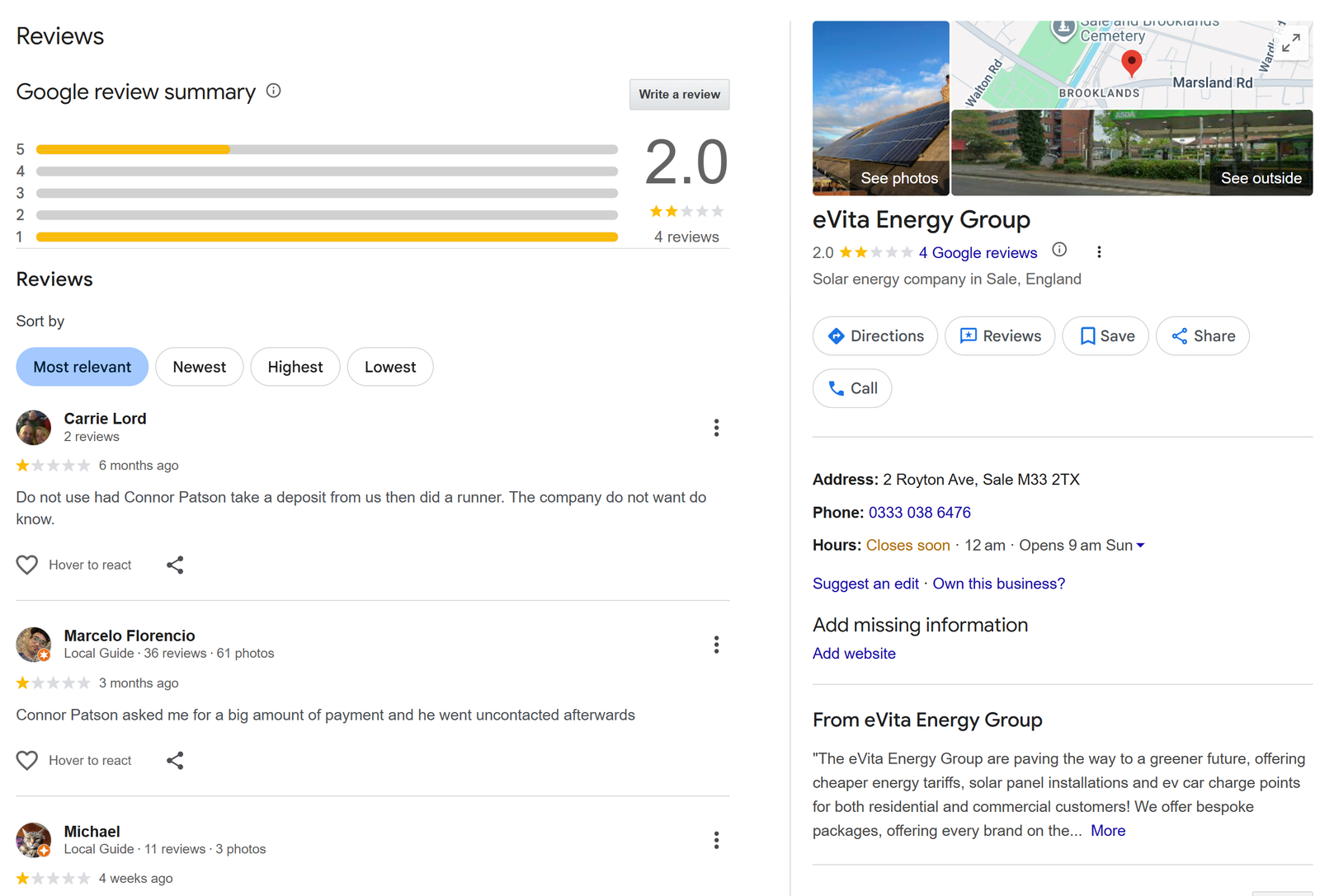 Google reviews screenshot
